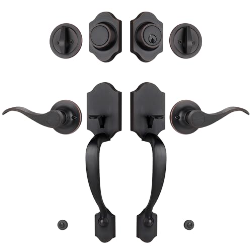 Gaurqiah Double Front Door Handleset with Deadbolt – Oil-Rubbed Bronze Classic Entry Handle Set with Dummy, Reversible Lever, Zinc Alloy, Exterior Lock Set
