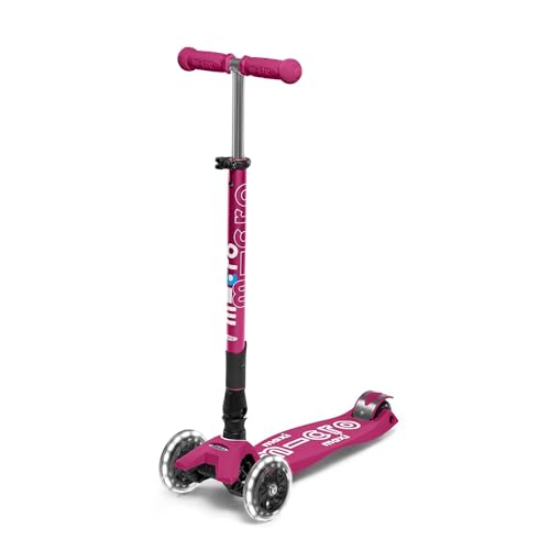 Micro | Trottinette Enfant Maxi Deluxe Pliable LED | Trottinette 3 Roues | Guidon Ajustable | Roues Lumineuses | 5-12 Ans | Baie Rouge