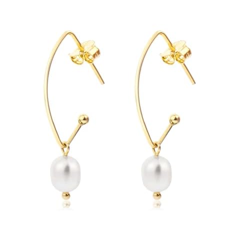 Donabus Sterling Silver Freshwater Cultured Pearl Dangle Earrings,Dainty Drop Earrings with Handpicked AAA+ Quality Freshwater Cultured Pearl (Yellow Gold) Cover