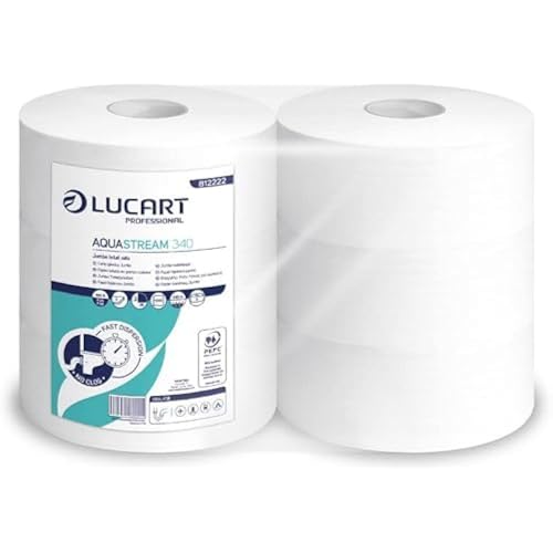 Lucart Professional, AquaStream 340, Jumbo High Fade Pure Cellulose Toilet Paper, Idéal pour les bureaux et les salles de bains publiques, 1300 feuilles, 9.1x26 cm, Pack de 6 rouleaux