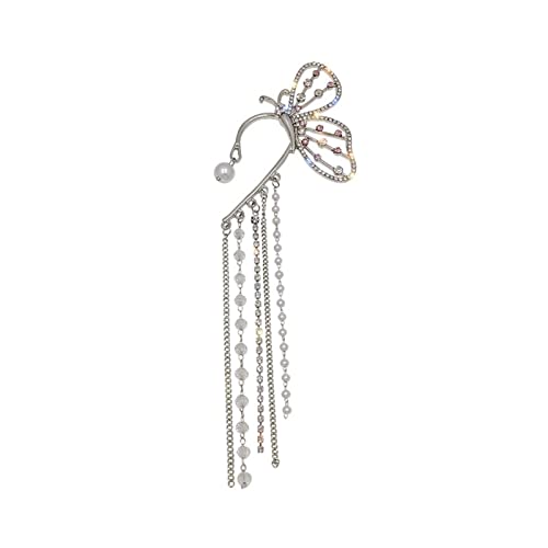 Xiaoheshop Fashion Jewelry Fashion Crystal Butterfly Clip On Earring Pearl Bead Ear Cuff Long Tassels Charm Hollow Earrings For Women Clip Jewelry Gifts Earrings Gifts Jewelry #TOP18