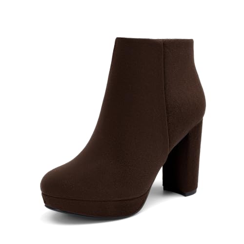 DREAM PAIRS Women's High Heel Ankle Boots Platform Booties,Brown,9 | platform ankle boots classic round toe design non-slip outsole inside zipper for Easy On and Off