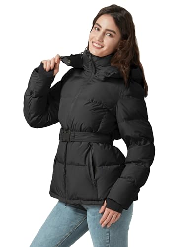 Women's Winter Warm Puffer Jackets Slim Fit Water-Resistant Detachable Hooded with Belt2