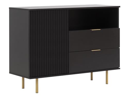 Mirjan24 Kommode Nohes K1D2SZ NE01 mit 3 Schubladen und Tür, grifflose Öffnungssystem, Metallfüße, Schubladen mit Bremse, Kombikommode, Anrichte, Mehrzweckschrank (Schwarz)