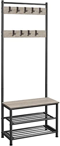 Yaheetech Coat Rack Stand for Hallway, Free Standing Hall Tree with Shoes Storage Bench, 9 Movable Hooks & 2-tier Open Shelves for Bedroom, Living Room & Entryway, 72.5x33x184.5cm, Grey
