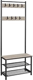 Yaheetech Coat Rack Stand for Hallway, Free Standing Hall Tree with Shoes Storage Bench, 9 Movable Hooks & 2-tier Open Shelves for Bedroom, Living Room & Entryway, 72.5x33x184.5cm, Grey