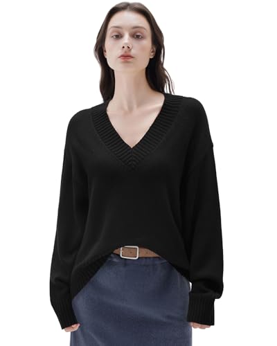 SUUKSESS Women Cashmere Oversized Sweaters V Neck Pullover Tops Fall Winter Long Sleeve Jumpers (Jet Black,L)