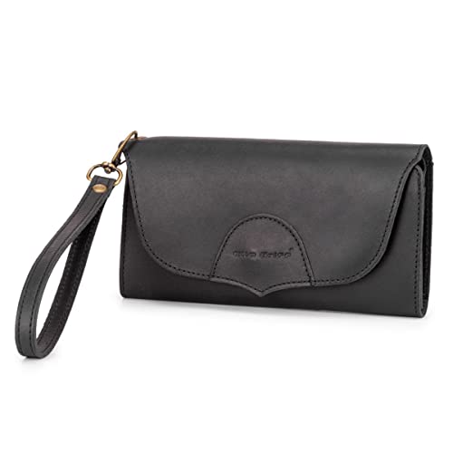 Carteira de Mão Feminina Porta Celular Documentos Couro Legítimo (Preto)