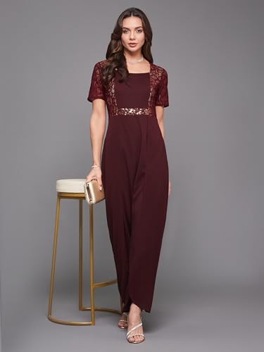 Image of Miss Chase Women's Halter Neck Sleeveless Solid Wide Leg Sequin Paneled Regular Length Jumpsuit