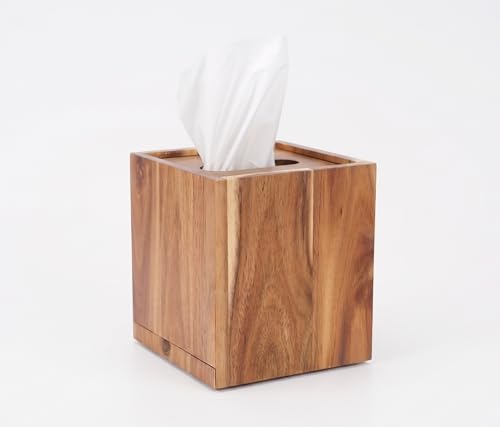 Porte-mouchoirs Spiretro en Bois d'acacia – Finition Marron Naturel Haut de Gamme, Panneau inférieur Coulissant et Plateau Ovale pour Une récupération Facile des mouchoirs, 14,6 x 14,6 x 16,5 cm