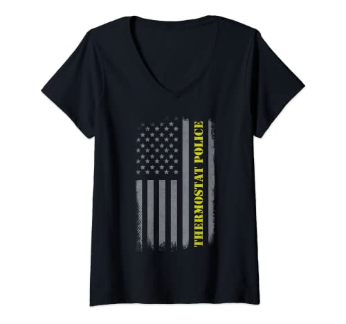 Mujer Thermostat Police US Flag Distressed Funny Dad Joke Camiseta Cuello V