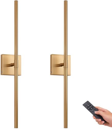 Battery Operated LED Wall Sconces Set of 2, 25" Wireless Rechargeable Gold Wall Lights with Remote Control, 3 Color Stepless Dimming 360° Rotate Wall Decor Lamp for Living Room Hallway Bedroom