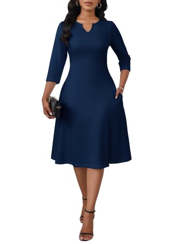 Image of PinkPatty Women's Casual 3 /4 Sleeve Midi Dresses Fit and Flare Church Work Dress with Pockets