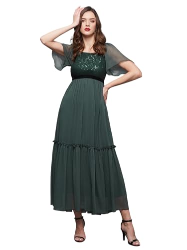 Image of Miss Chase Women's Round Neck Sleeve Embellished Fit Flare Maxi Dress
