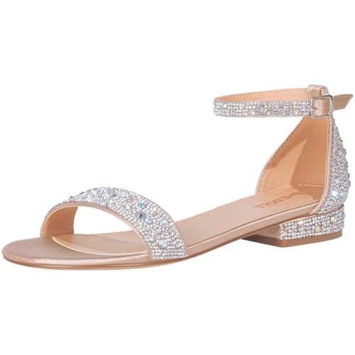 SheSole Women's Rhinestone Low Block Heel Sandals Sparkly Ankle Strap Sandal Bridal Wedding Dress Shoes Gold US Size 8