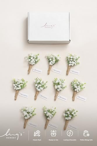 Ling's Moment Boutonniere for Men, 10pcs Groomsmen Guest Boutonniere with Built-in Pins, Artificial Flowers for Wedding Décor/Prom/Homecoming,etc.Baby Breath White