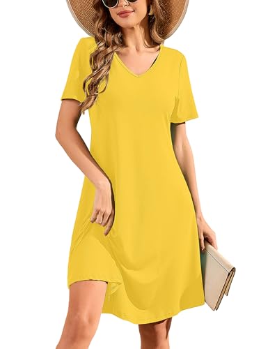 Image of DEARCASE Summer Dresses for Women V-Neck Short Sleeve T Shirt Dress Casual Flowy Swing Beach Vacation Mini Sundress