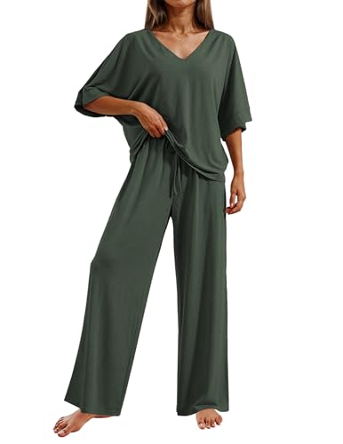 Image of Ekouaer Pajama Sets for Women 2 Piece Lounge Set Short Sleeve Tops and Long Pants Soft Comfy Pjs Sleepwear Outfits S-XXL