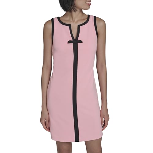 Image of Karl Lagerfeld Women's Sleeveless Split Neck Contrast Trim A-line Mini Dress with Bow Detail