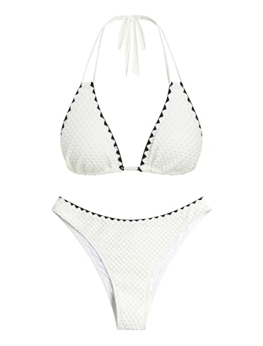 Image of ZAFUL Women Halter Dual Straps Whip Stitch Floral Triangle Bikini Swimsuits