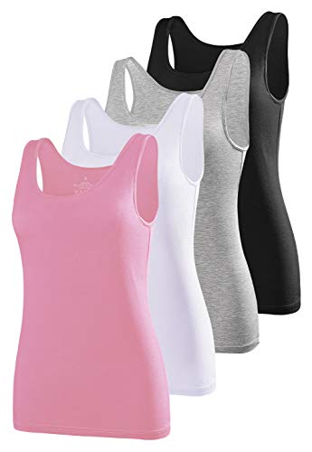 AMVELOP Elastic Tank Tops for Women Undershirts Pack of 4 Slim-Fit Camisole Black/Gray/White/Pink S