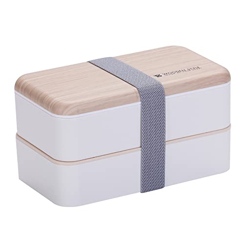 YJING-Licht Lunchbox, Bento Box, mit Trennwand Teilbare Bento Box Doppelte Brotdose Erwachsene Kids Universal Auslaufsicher Lunchbox mit Besteck Mikrowellengeeignet Spülmaschineeignet- 1200ml, Weiß Cover