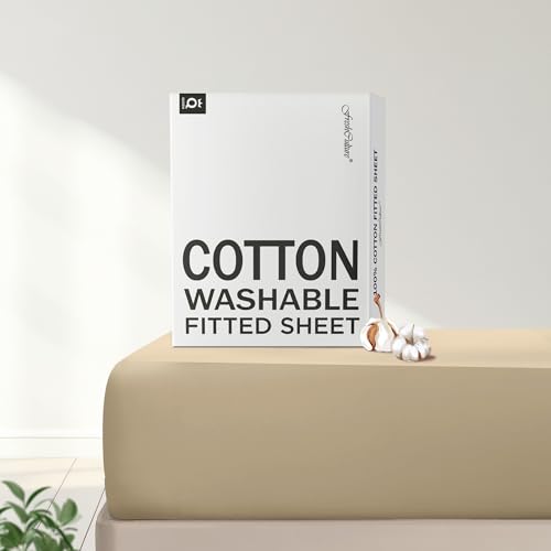 FreshCulture Pure Cotton Fitted Sheets Queen Size, 300 Thread Count Percale Sheets for Queen Size Bed, Soft & Breathable Cotton Sheets, Luxury Size Fitted Sheet Only (Beige)