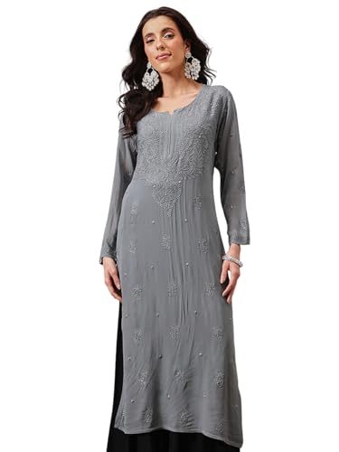 Image of Ada Hand Embroidered Lucknowi Chikankari Viscose Georgette Kurta Kurti for Women A411185