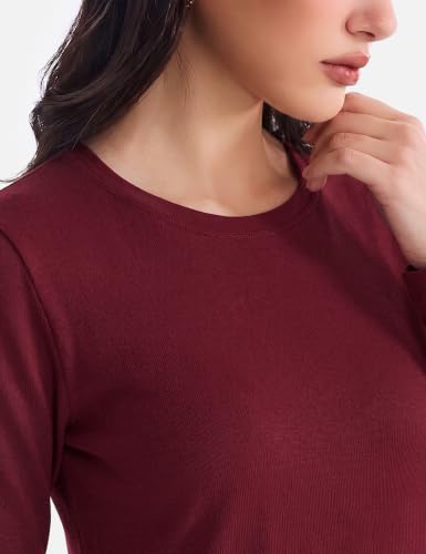 Image of Women's Merino Wool Blend Shirts Long Sleeve Tops Crew Neck Fitted Basic Tee Cozy Embrace Collection