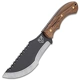 BUSHMASTER Tracker Knife and Leather Sheath - 1095 High Carbon Steel Blade, Full-Tang, Sawback, Wooden Handle Scales, Brass Pins, Lanyard Hole, Use for Survival and Outdoor Adventures - Length 11 3/4”