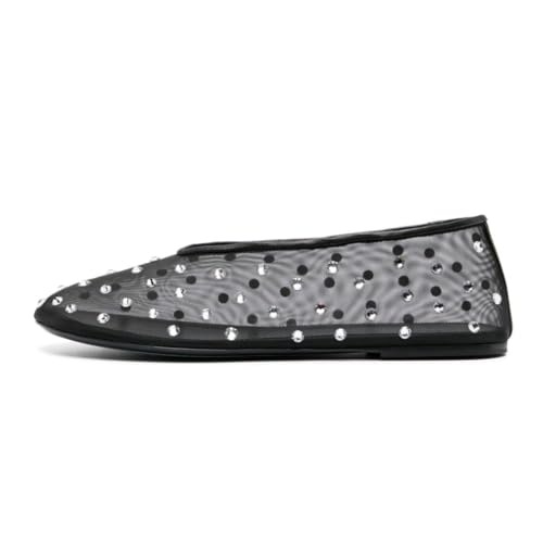 Image of Arqa Crystal-Embellished Mesh Flats Rhinestone Ballet Flat Slip On Ballerina Shoes Comfortable Casual Gauze Shoe