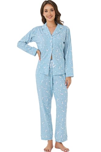 Image of LUBOT 100% Cotton Pajamas for Women Pajama Set 2 Piece PJ Sleepwear Set Soft Ladies Button Knit Long Sleeve Loungewear XS-XXL