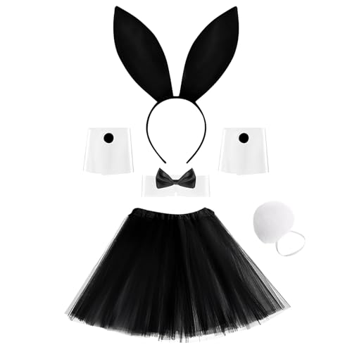 Conjunto de fantasia de coelho com orelhas de coelho, bandana, punhos, saia tutu e decote de laço para Halloween, Natal, cosplay ou festas, Preto