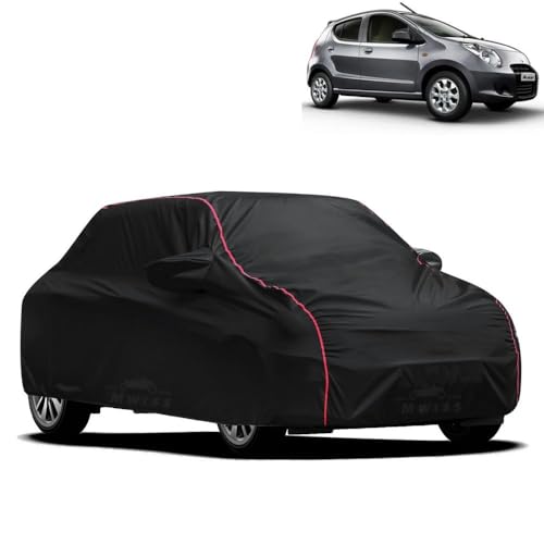 Image of Waterproof Car Cover for Maruti Suzuki A Star | All-Weather Protection, Dustproof & UV Resistant | Triple Stitched Mirror Pockets, Windproof Buckle Strap with Elastic Hem, Black-Red Piping