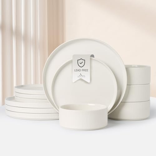 MONITO Ceramic Plates and Bowls Sets for 4, 12PCS Stoneware Dinnerware Sets, Reactive Glaze Dish...