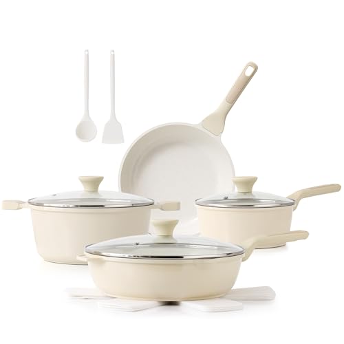 Image of SENSARTE Nonstick Ceramic Cookware Set Large-Size 13-Piece, Healthy Pots and Pans Set, Non-toxic Kitchen Cooking Set with Stay-Cool Handles, PFAS and PFOA Free, Cream White