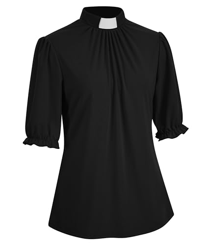 Black Half Sleeve Church Shirt Clergy Tab Insert Collar Ruffle Sleeve Priestess Shirt3