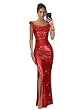 Women's Red Sequin Prom Dresses 2026 Sparkle High Slit Evening Party Dress Off The Shoulder Formal Military Ball Gown Size 6
