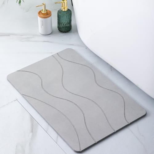 Diatomite Bath Mat 60 x 40 cm – Quick-Drying, Non-Slip and Antibacterial – Super Absorbent Diatomite Stone Mat – Stone Bath Mat (Grey Waves)