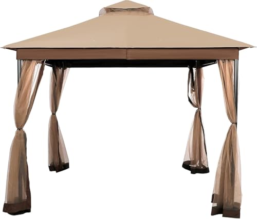 Yulan Outdoor Outdoor Gazebo Canopy Shelter with Netting, Metal Frame Patio Gazebo Tent with Double Roof for Garden, Lawn, Backyard, Party, Khaki 3x3 (410393)