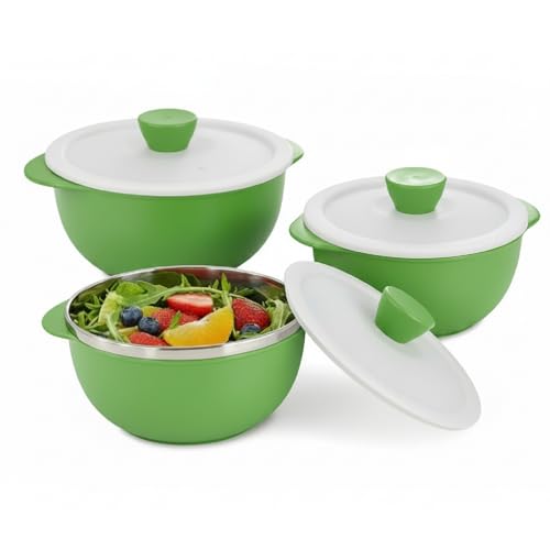 Image of Premium Stainless Steel Bowl Set of 3 | Microwave Safe Bowls with Lids | Mixing & Serving Bowls for Kitchen | Multi-Purpose Serving Bowls for Salad, Rice, Desert, Bowl Set (Green)