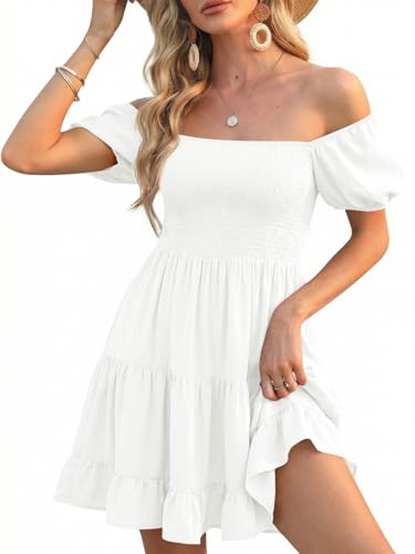 Image of Veatzaer Women's Puff Sleeve Square Neck Smocked Babydoll Dress Boho Floral Print Off Shoulder Ruffle Mini Short Dress