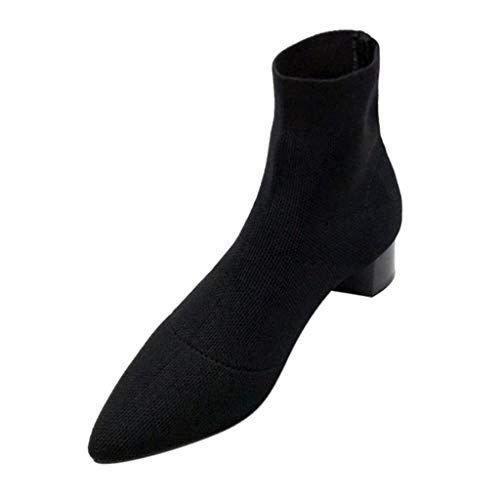DOGZI Botas de Calcetines de Punto de tacón Grueso, Zapatos Casuales de Tubo Corto Botines de Mujer Botas de Combate de Color Liso Botas de Bloque Puntiagudo