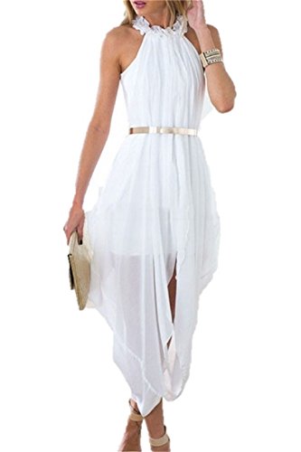 Designer97 Womens Elegant Hi Low Sheer Chiffon Folds Delicate Gold Belted Casual Loose Dress (Medium, White)
