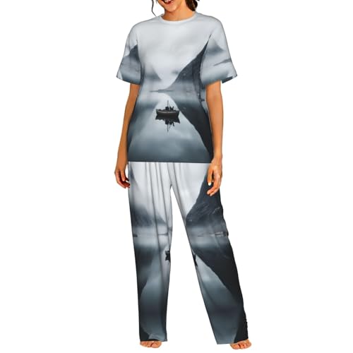 Pijama de mujer Mountain Lake Boats con manga corta y pantalon largo azul