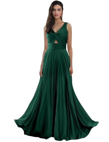 Bekvamlighet Women's Silk Satin Bridesmaid Dresses for Wedding A Line V Neck Prom Dress Keyhole Corset Formal Party Gown