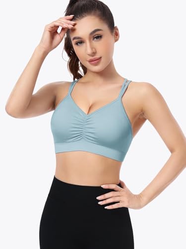 Image of VEQKING Ruched Sports Bras for Women Large Bust, Seamless Yoga Bra, 3 Pack | Removable Padded, Strappy Criss Cross Back, Medium Support for Yoga, Pilates & Gym, Full Coverage, No Bounce, No Spillage