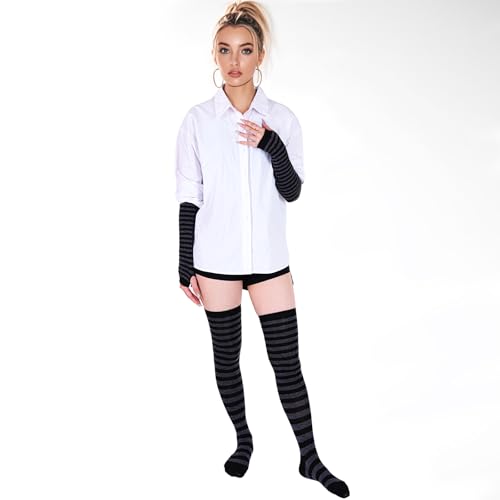 Image of Tongcloud Women's Striped Knee High Socks, Over Knee Thigh High Socks, Arm Warmer and Fingerless Gloves Set