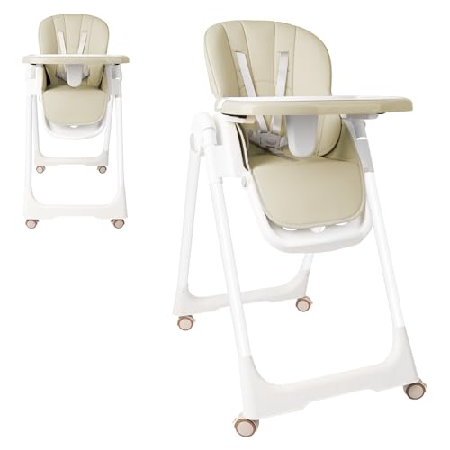 YARDIN Trona de altura ajustable, silla plegable para bebé, con función reclinable, bandeja doble ajustable y cinturón de seguridad de 5 puntos, trona portátil para comidas, color beige