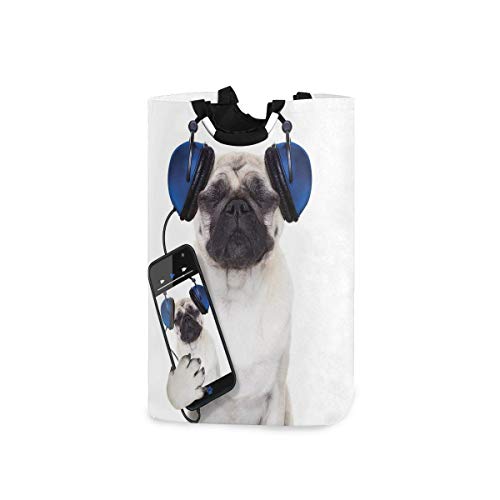 Wäschesammler Wäschekorb Faltbarer Aufbewahrungskorb,Mops Hund Musik hören auf dem Smartphone Groovy Coole Kopfhörer Tier Lustiges Bild
